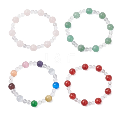 4Pcs 4 Colors Cat Eye & Synthetic Quartz Crystal & Natural Carnelian(Dyed & Heated) & Natural Rose Quartz & Natural Green Aventurine Round Beaded Stretch Bracelet Sets BJEW-JB12246-1