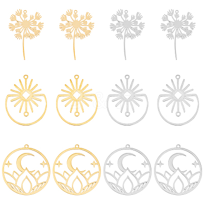 12Pcs 6 Style 201 Stainless Steel Pendants STAS-DC0014-35-1