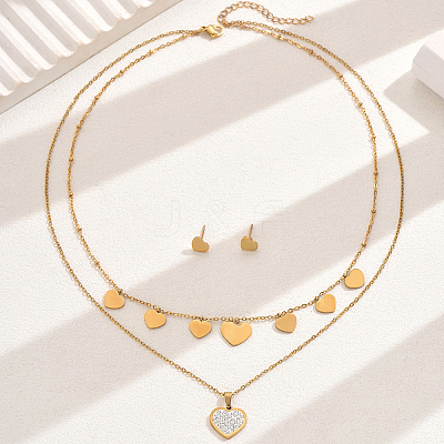 Elegant Vintage Stainless Steel Rhinestone Heart-shaped Stud Earrings & Double-layer Necklace Sets for Women AW6006-1