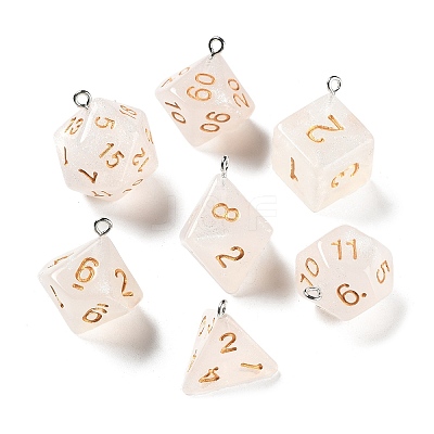 7 Styles Transparent Resin Polyhedral Dice Pendants Set RESI-A029-01F-1