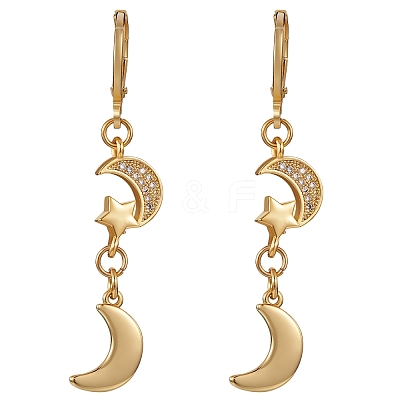 Clear Cubic Zirconia Moon and Star Dangle Leverback Earrings EJEW-SW00011-09-1