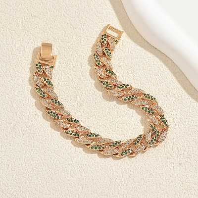 Unisex Brass Micro Pave Full Clear and Green Cubic Zirconia Cuban Link Chain Bracelets for Party and Casual Wear HS6983-1