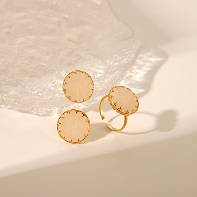 Flat Round Natural Rose Quartz Cuff Ring & Stud Earrings Sets MO9107-1-1