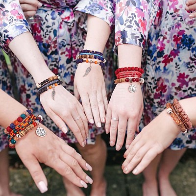 5Pcs 5 Style Wood & Glass Seed & Acrylic Beaded Stretch Bracelets Set with Baseball JB709A-1