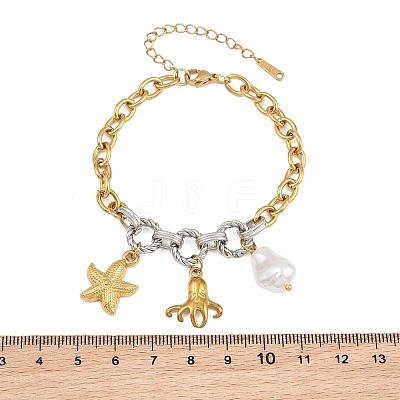 Duo Tone Ocean 304 Stainless Steel Sea Animals Charm Bracelets with Imitaiton Pearl for Women SA-CBA717A-06G-02-1