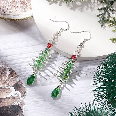 Christmas Tree with Star Brass Wired Glass Dangle Earrings EJEW-JE06126-1