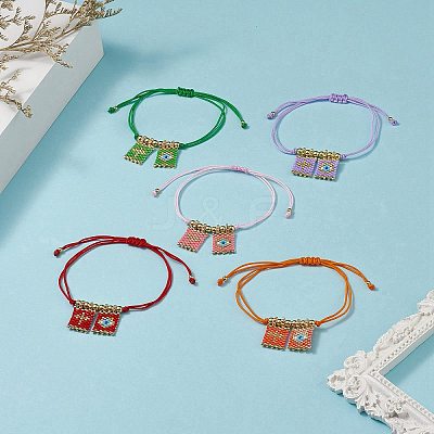 Handmade Japanese Seed Rectangle with Cross & Evil Eye Charm Bracelets BJEW-MZ00010-1