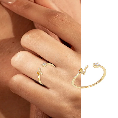 1Pc Letter Brass Rhinestone Open Cuff Rings for Women AJEW-LP0004-47V-G-1