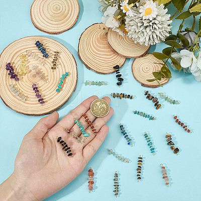 32Pcs 16 Styles Natural Chip Gemstone Beaded Connector Charms PALLOY-GO00059-1