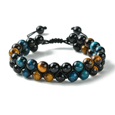 Natural Tiger Eye & Black Onyx Round Braided Bead Bracelet BJEW-TA00441-1