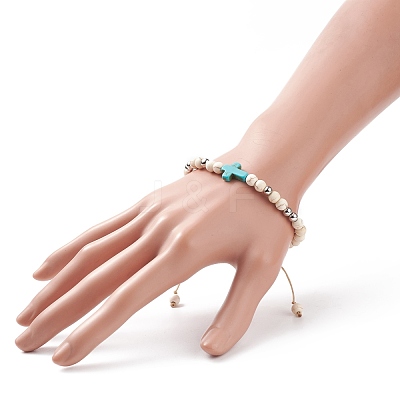 Synthetic Magnesite Braided Bead Bracelet with Synthetic Turquoise(Dyed) Cross BJEW-TA00146-01-1