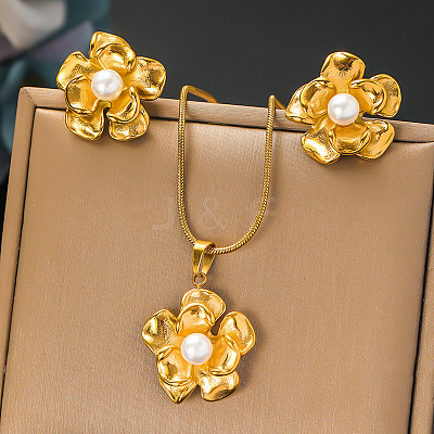 304 Stainless Steel with Plastic Pearl Pendant Necklace & Stud Earring FS-WG92D8A-02-1