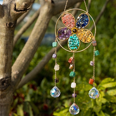 Flower Natural & Synthetic Gemstone Chips Hanging Suncatchers HJEW-F023-03-1