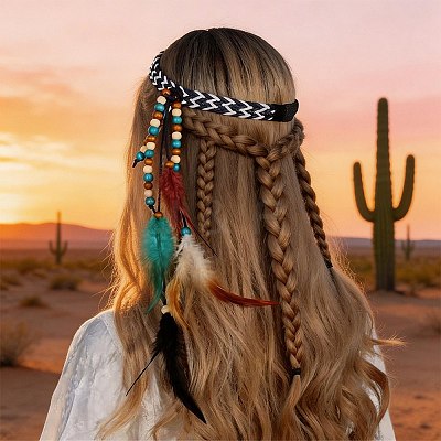 1Pc Boho Feathers Headband Hair Extensions Headpiece AJEW-DJ0001-51B-1