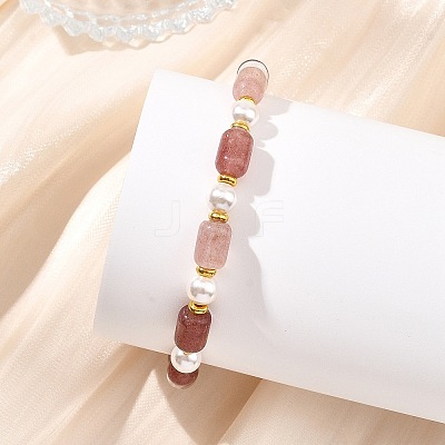 Natural Sunstone/Natural Strawberry Quartz/Natural African Turquoise(Jasper)/Natural Bronzite/Natural Mookaite & Shell Pearl & Brass Beads Stretch Bracelets for Women BJEW-JB13864-1