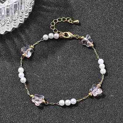 Brass & Glass Link Chain Bracelets for Women BJEW-F517-02G-02-1