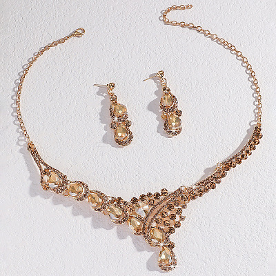 Teardrop Alloy Rhinestone Bib Necklaces & Stud Earring Sets for Women FS-WG2AA93-02-1