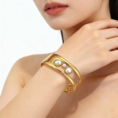 304 Stainless Steel Pave Plastic Pearl Cuff Bangles for Women BJEW-D465-01G-1