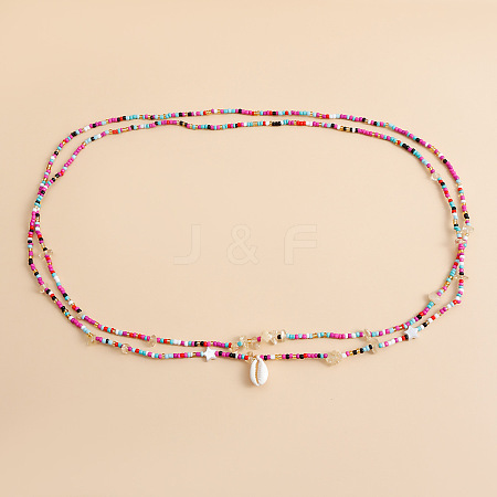 Bohemian Natural Cowrie Charm Glass Seed Beaded Double Layered Waist Belly Stretch Chains for Women FS-WG5D6A5-10-1