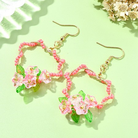 304 Stainless Steel Flower Glass Seed Beaded Dangle Earrings EJEW-MZ00335-03-1