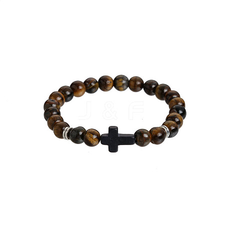 Natural Tiger Eye Round & Black Stone Cross Beaded Stretch Bracelets AL9928-7-1