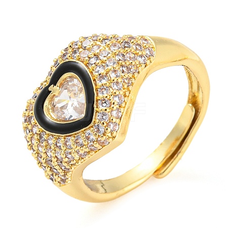Enamel Heart Adjustable Ring with Clear Cubic Zirconia RJEW-Q781-01G-01-1