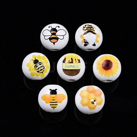 Bees Theme Printed Wooden Beads WOOD-D006-05-1