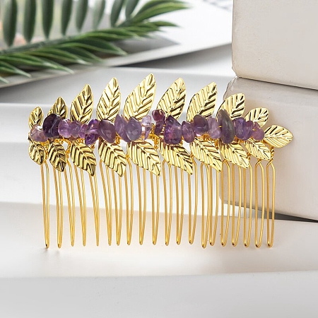 Leaf Natural Amethyst Chips Hair Combs PW-WG12843-10-1