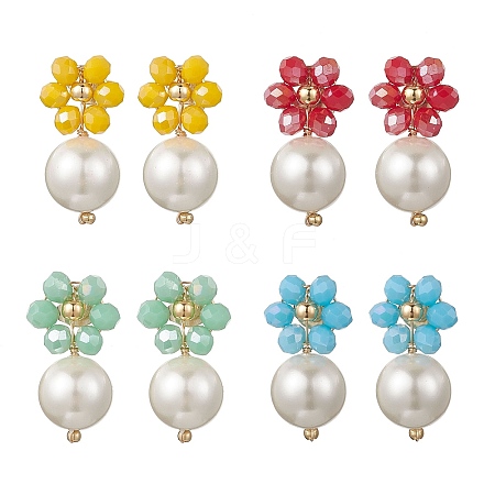 4 Pairs 4 Colors Glass & Shell Pearl Flower with Round Dangle Stud Earrings EJEW-TA00748-1