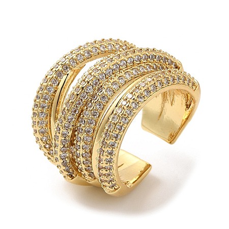 Rack Plating Brass Criss Cross Open Cuff Rings with Cubic Zirconia RJEW-D008-01G-1