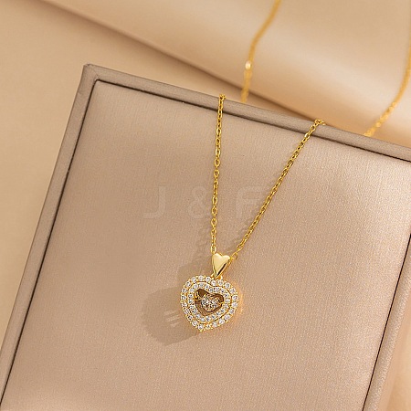 Heart 304 Stainless Steel Micro Pave Cubic Zirconia Pendant Necklaces for Women NJEW-D288-05G-1