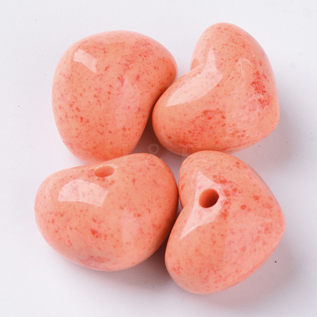  Jewelry Beads Findings Antique Style Opaque Acrylic Beads, Half Drilled, Heart, Coral, 14.5x18x14mm, Hole: 2.5mm, about 200pcs/500g