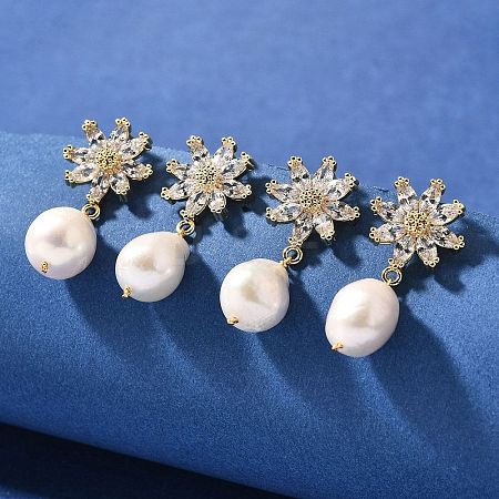 Natural Pearl Dangle Ear Studs EJEW-L099-06G-1