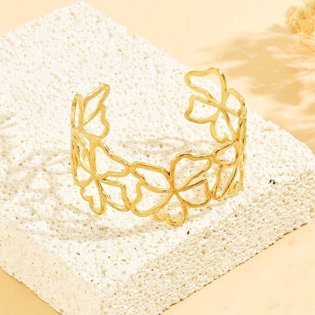 304 Stainless Steel Hollow Flower Outline Open Cuff Bangles for Women SA-CBABC9E-02G-1