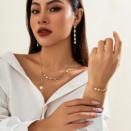 Brass & Alloy & Plastic Pearl Pendant Necklace & Stud Dangle Earring & Chain Bracelet FS-WGFF44D-01-1