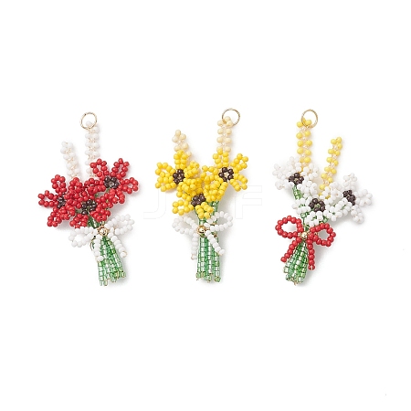 3Pcs 3D Glass Seed Beaded Bouquet with Bowknot Pendants PALLOY-MZ01153-1