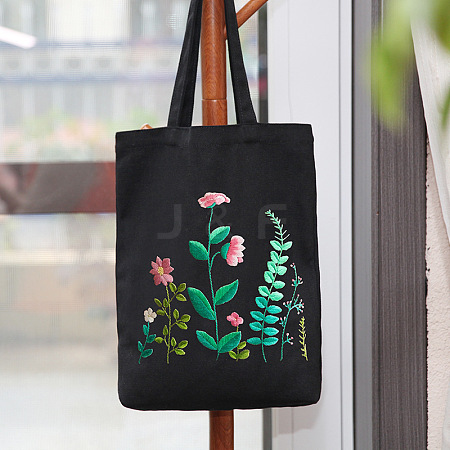 DIY Flower Pattern Black Canvas Tote Bag Embroidery Kit PW23032236985-1