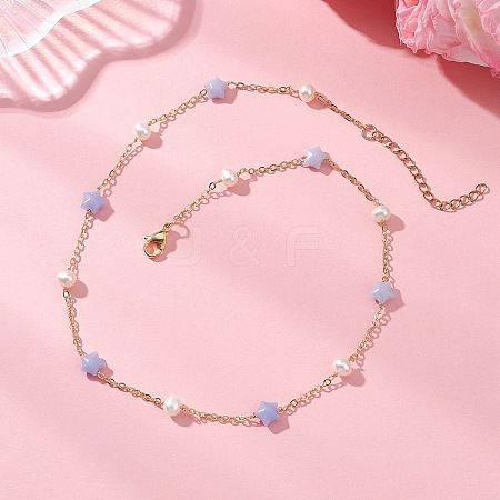 Synthetic Blue Lace Agate Star & Natural Freshwater Pearl & Brass Link Chain Necklaces NJEW-JN05687-02-1
