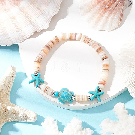 Sea Turtles & Starfish Dyed Synthetic Turquoise Beads Stretch Bracelets BJEW-JB11881-01-1