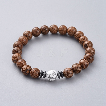  Jewelry Beads Findings Unisex Wood Beads Stretch Bracelets, with Natural Howlite Beads, Non-Magnetic Synthetic Hematite Beads, 56mm