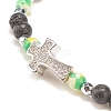 Natural & Synthetic Mixed Gemstone Beaded Stretch Bracelet with Clear Cubic Zirconia Cross for Women BJEW-JB08247-02-4