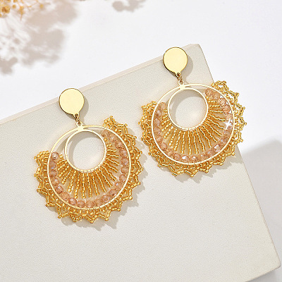 Flat Round 304 Stainless Steel Glass Seed Beads Dangle Stud Earrings FS-WG93AED-03-1