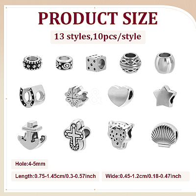 130Pcs 13 Styles Tibetan Style Alloy European Beads MPDL-ME0001-02-1