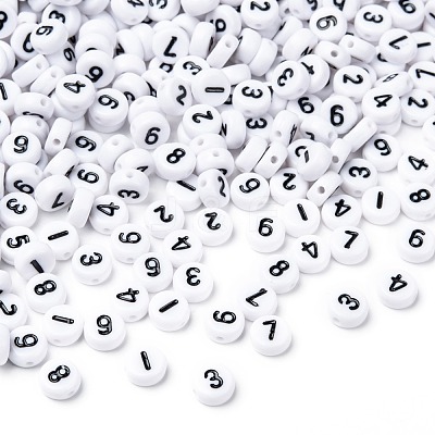 Mix Numbers White Flat Round Acrylic Beads X-PB9111-1