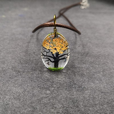 Alloy Wire Wrapped Oval Glass Inner Dried Flower Tree Pendant Waxed Cord Necklaces for Women FS-WG6B63C-14-1