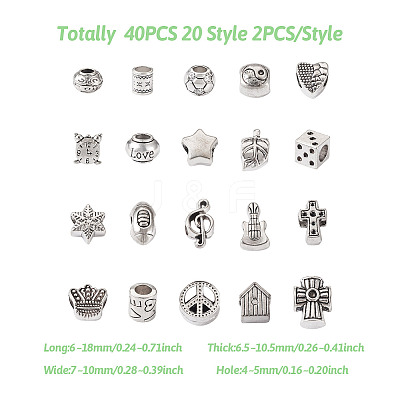 40Pcs 20 Style Zinc Alloy European Beads FIND-KS0001-20-1