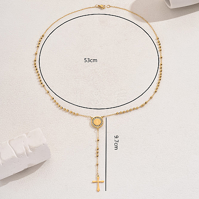201 Stainless Steel Crystal Rhinestone Relief Portrait Saint Pendant Tassel Cross Rosary Bead Necklaces for Women EU5525-2-1
