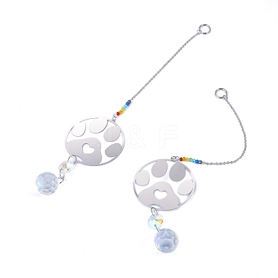 2Pcs 201 Stainless Steel Paw Print Shape & Rainbow Crystal Glass Hanging Suncatcher HJEW-TA00447-1