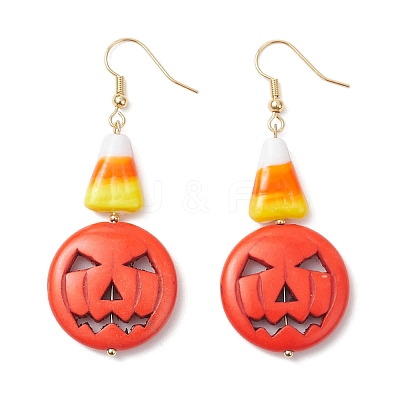 Brass Pumpkin Dangle Earrings EJEW-TA00693-1
