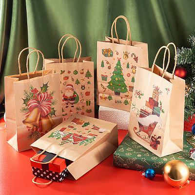 8Pcs 8 Styles Christmas Theme Printed Kraft Paper Bags with Handles ABAG-TA0001-59-1